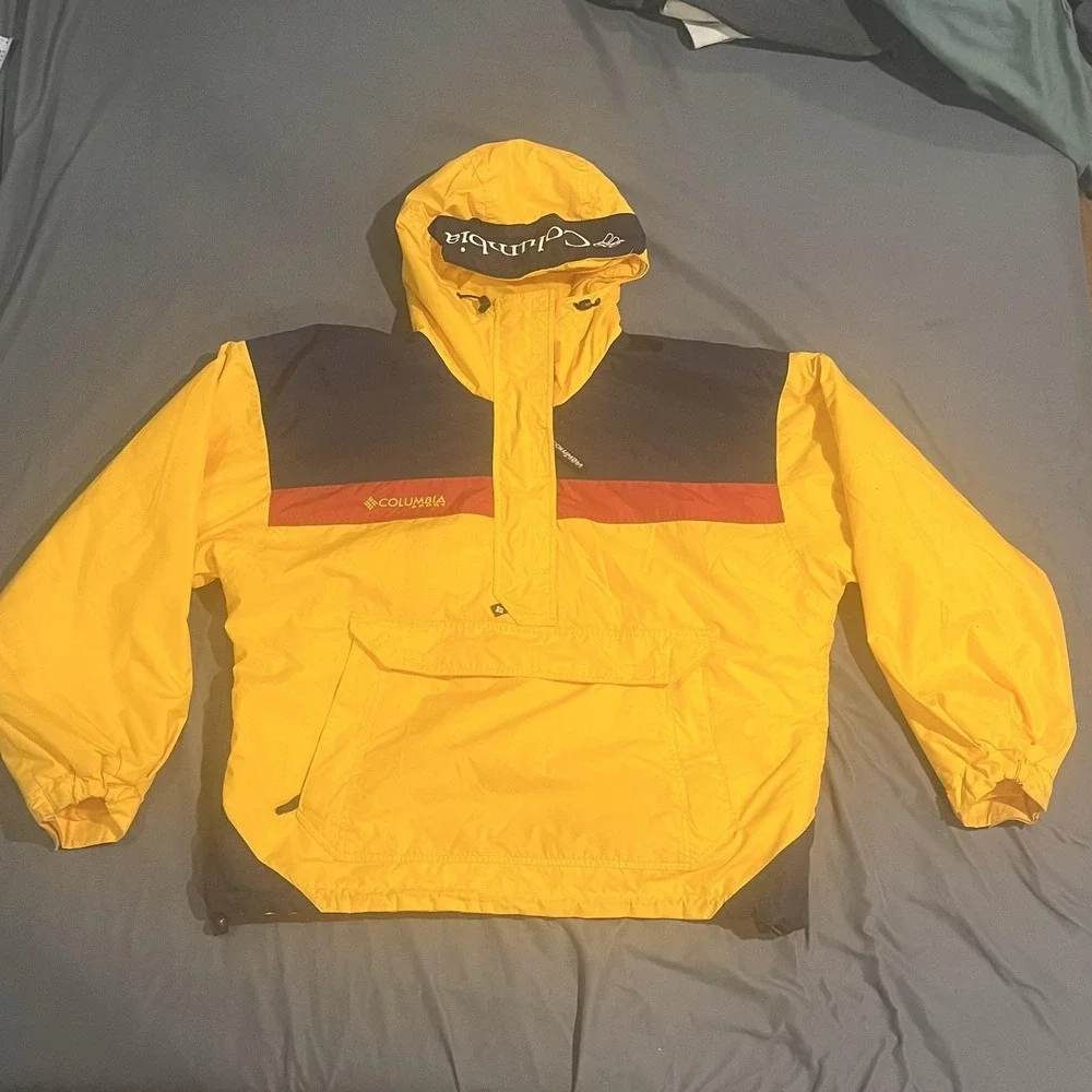 Vintage Columbia Anorak Jacket Womens L Yellow Colorblock Hooded Windbreaker - Picture 1 of 6